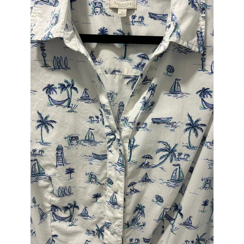 Talbots Plus Womens X White Blue Coastal Sailboat Palm Tree Sleeveless Shirt